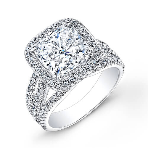 Halo cushion cut split shank engagement ring