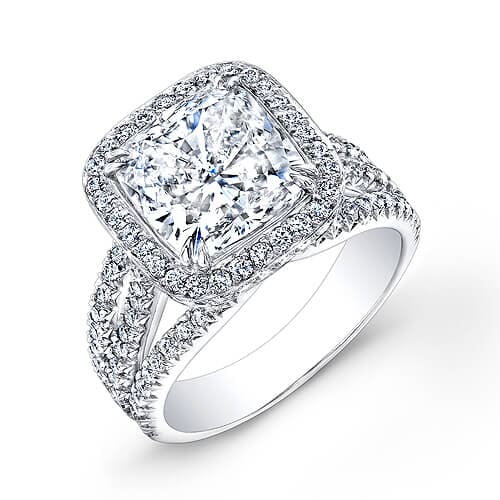 Halo cushion cut split shank engagement ring