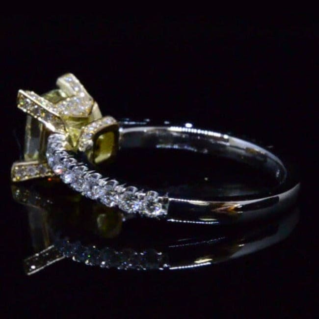 Cushion cut fancy yellow diamond engagement ring side profile