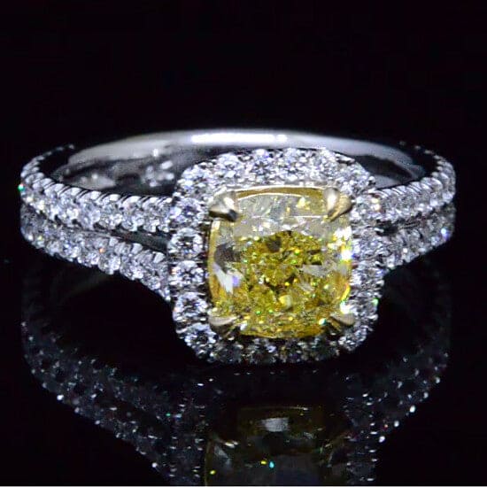 Yellow Cushion Cut Halo Split Shank Diamond Ring, Ct VVS1 GIA