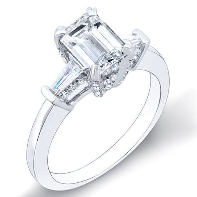 Emerald cut hidden halo 3 stone diamond ring