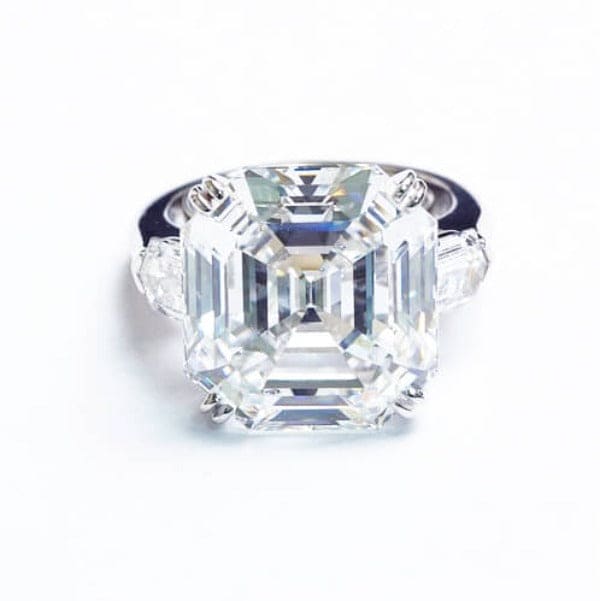 3 stone asscher & bullet cut engagement ring