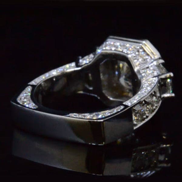 Halo cushion cut engagement ring thick shank side view