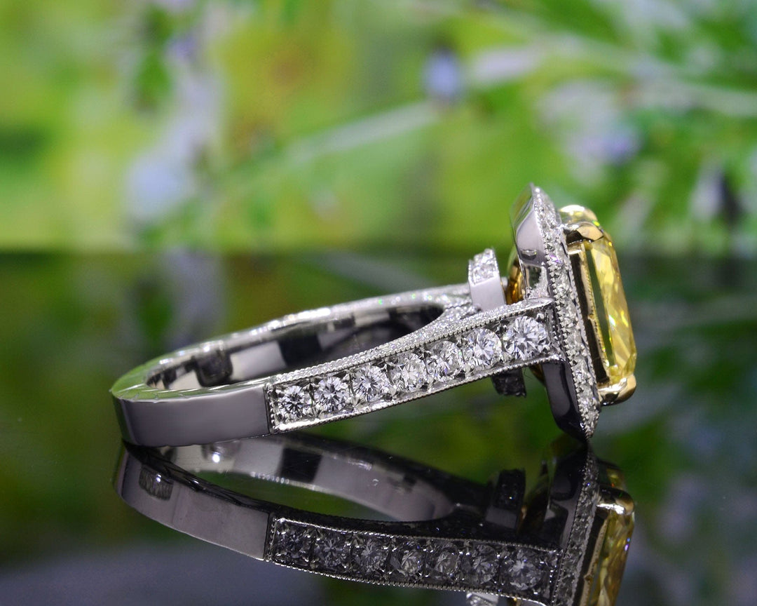 Halo Radiant Cut Fancy Yellow Engagement Ring Side View