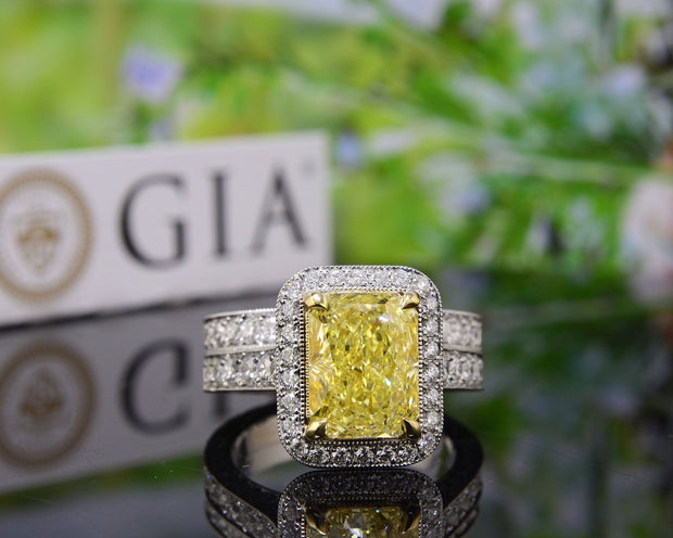 Halo Radiant Cut Fancy Yellow Engagement Ring Set