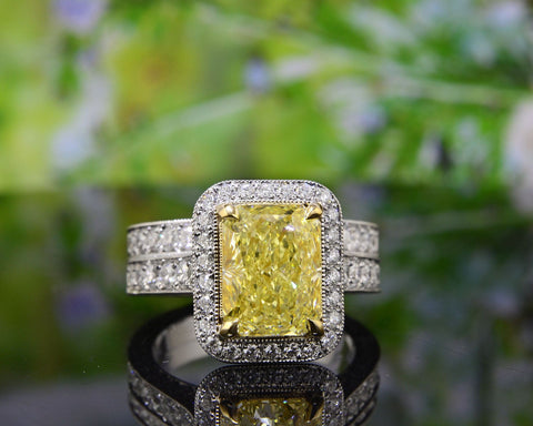 3.10 Ct. Fancy Yellow Radiant Cut Halo Engagement Ring VS1 Clarity GIA Certified