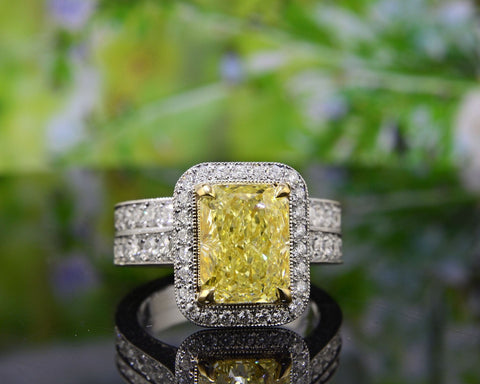 Halo Radiant Cut Fancy Yellow Engagement Ring Set Zoomed