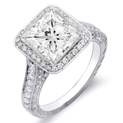 2.41 Ct. Princess Cut w/ Round Cut One Row Halo Diamond Engagement Ring G,VS1 GIA