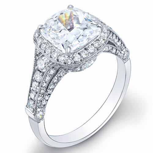Pave halo cushion cut diamond ring