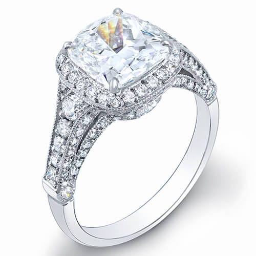 Pave halo cushion cut diamond ring