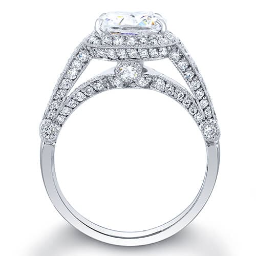 Pave halo cushion cut diamond ring profile view