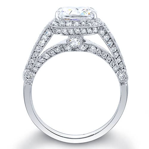 Pave Halo Cushion Cut Diamond Ring Profile View