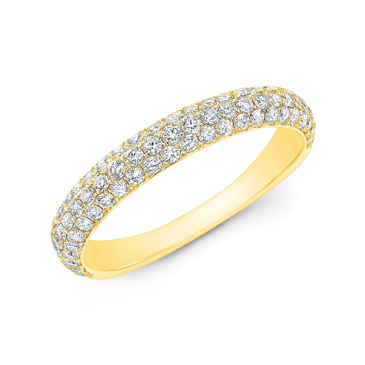 3 rows round cut pave diamond ring wedding band yellow gold