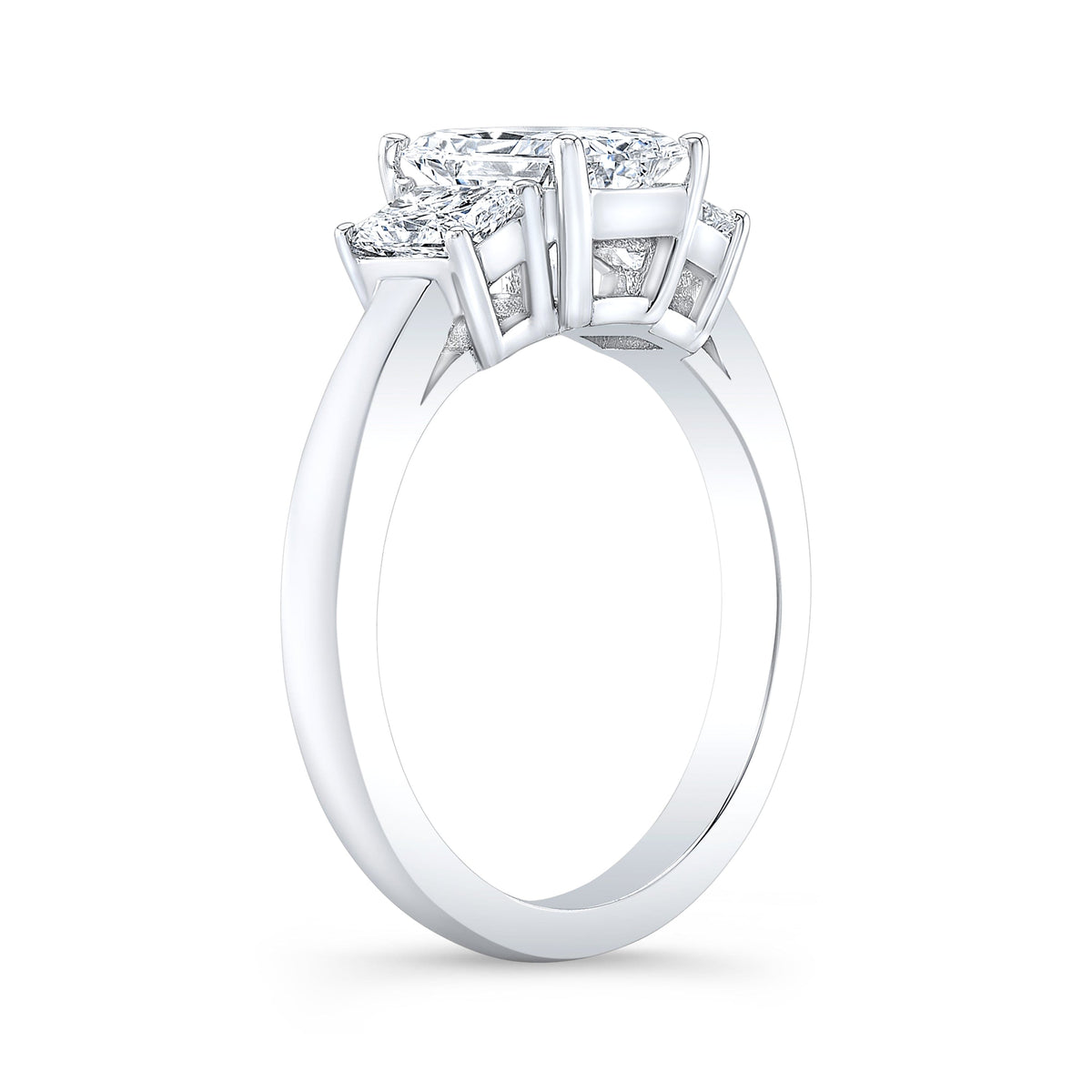 3 stone radiant cut engagement ring profile view