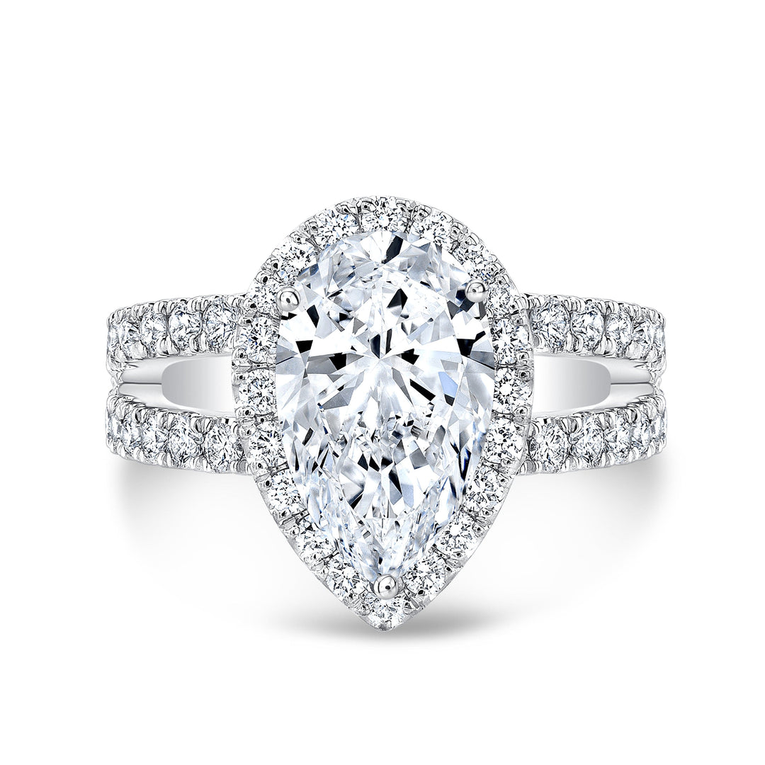 Halo Pear Shaped Engagement Ring Split Shank, 4.4 Ct J VS2