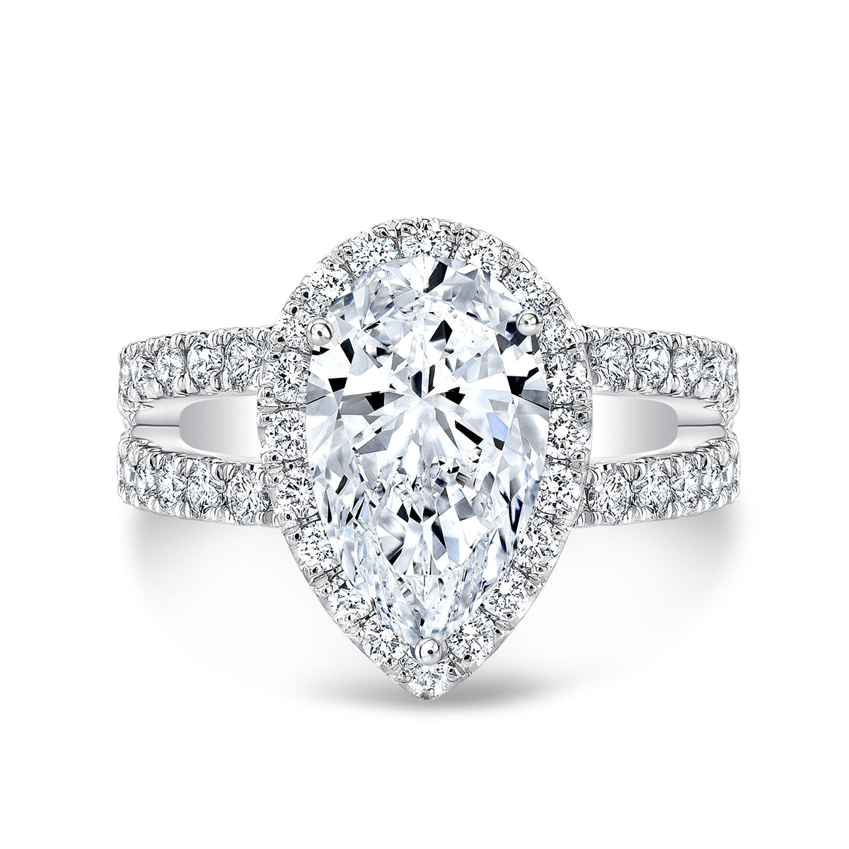Pear halo engagement ring split shank