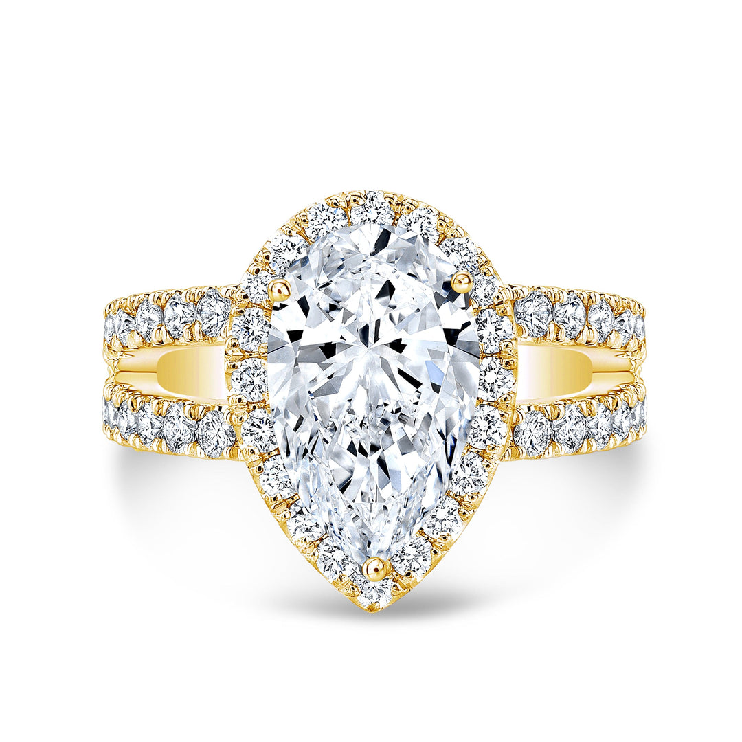 Pear Halo Engagement Ring Split Shank in Yellow Gold
