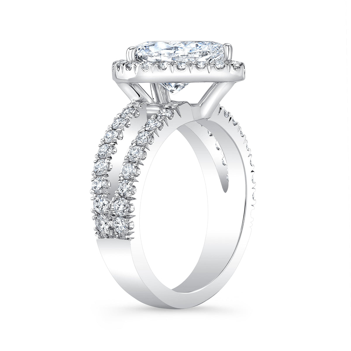 Halo pear cut tear drop split shank diamond engagement ring side view