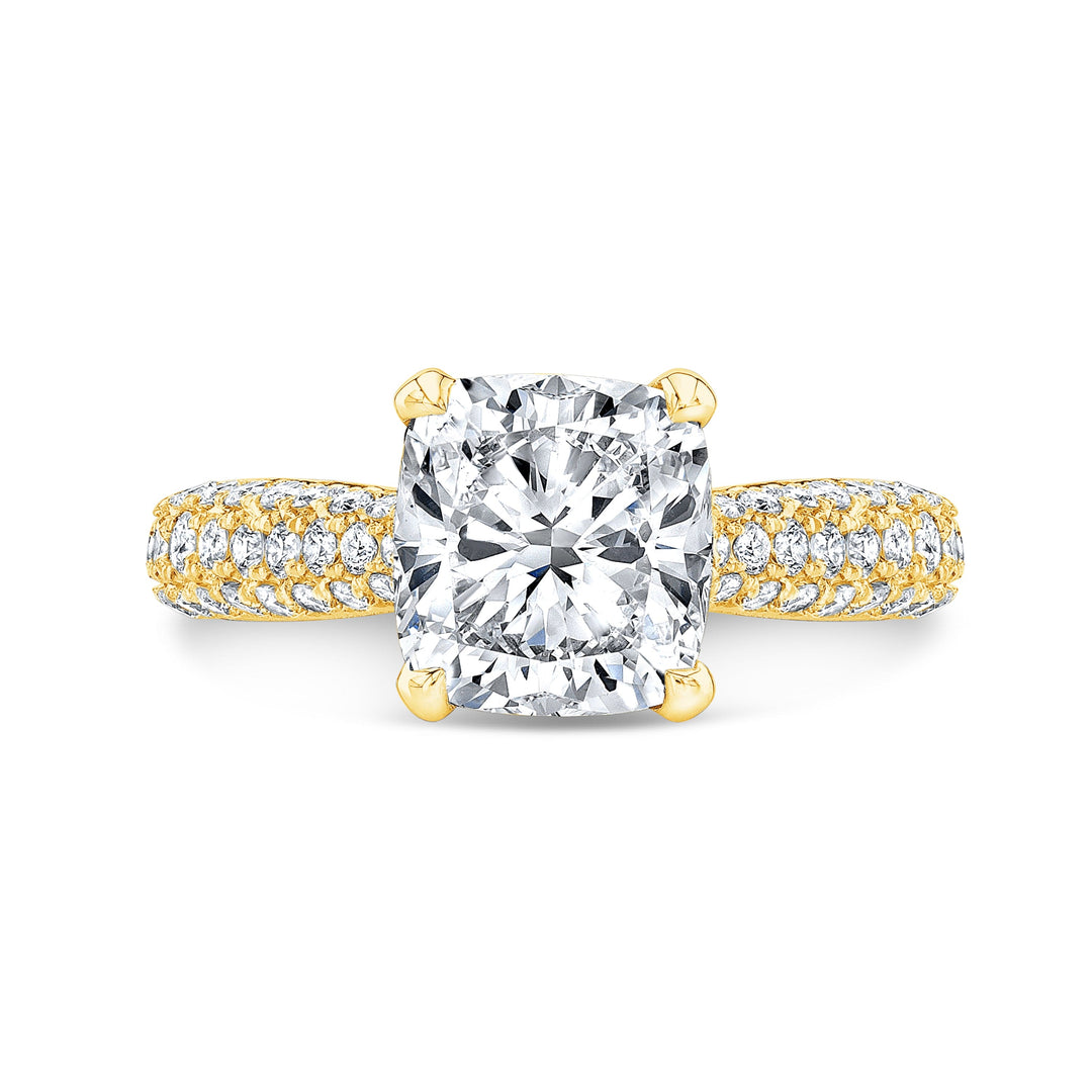 3 sided Rounded Micro Pave Shank  diamonds on prongs yellow gold in white background top view
