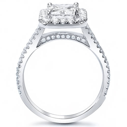 Elongated halo radiant cut engagement ring side profile