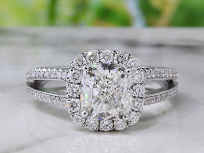 Halo Cushion Cut Split Shank Diamond Ring