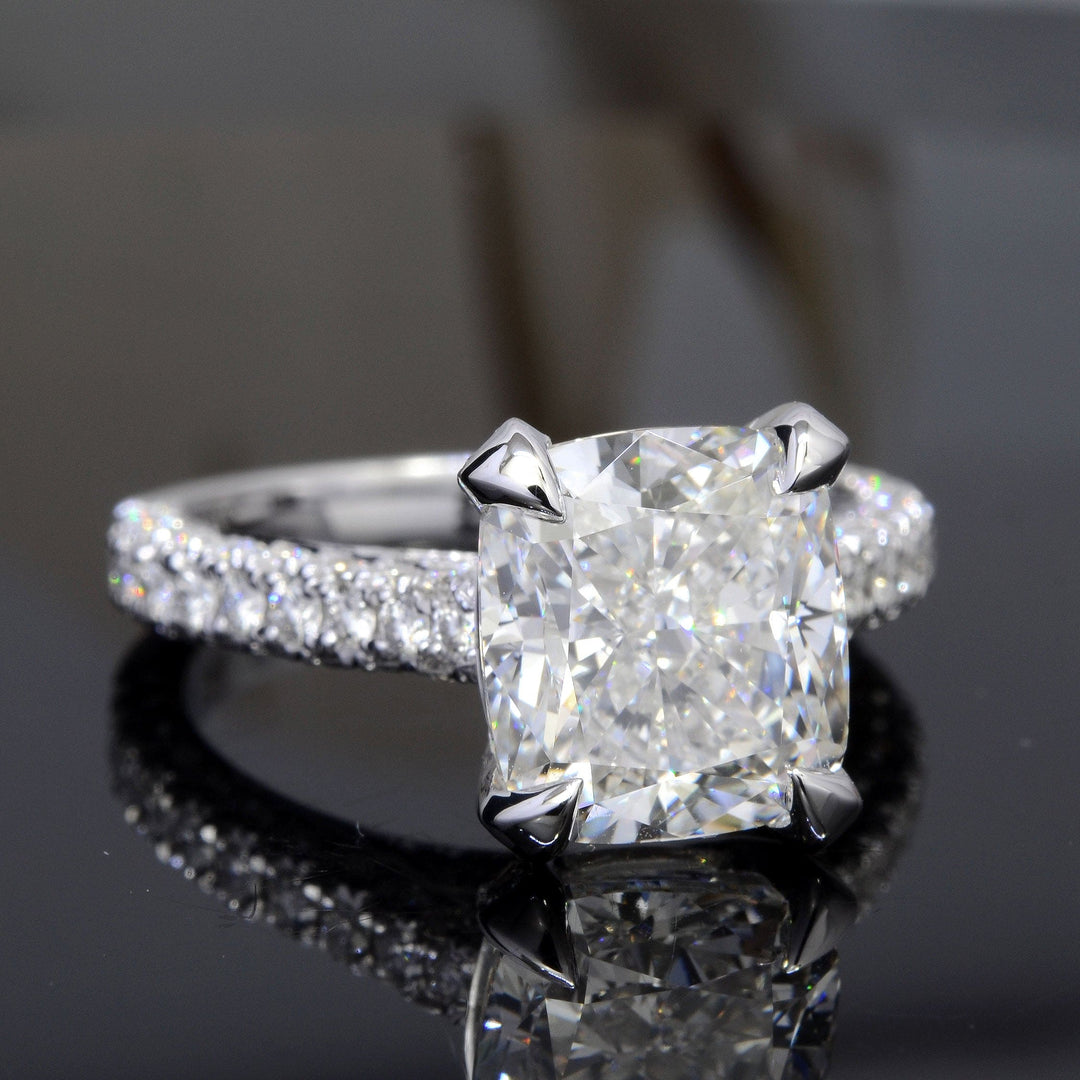 3.55 Ct. Cushion Cut Engagement Ring 3 Row Pave H Color VS2 GIA Certified