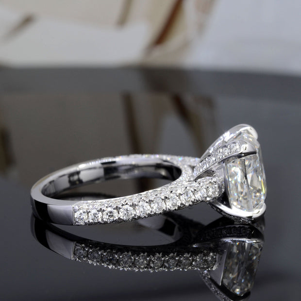 Cushion Cut Engagement Ring 3 Row Pave Profile View