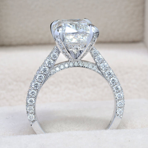 Cushion Cut Engagement Ring 3 Row Pave Side View