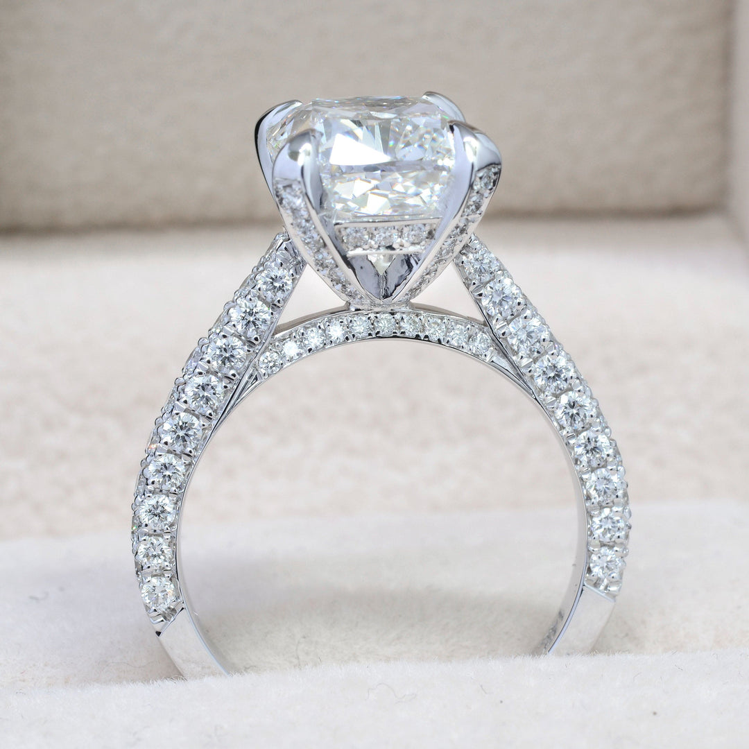4.05 Ctw Cushion Cut Engagement Ring 3 Row Pave G Color VS2 GIA Certified