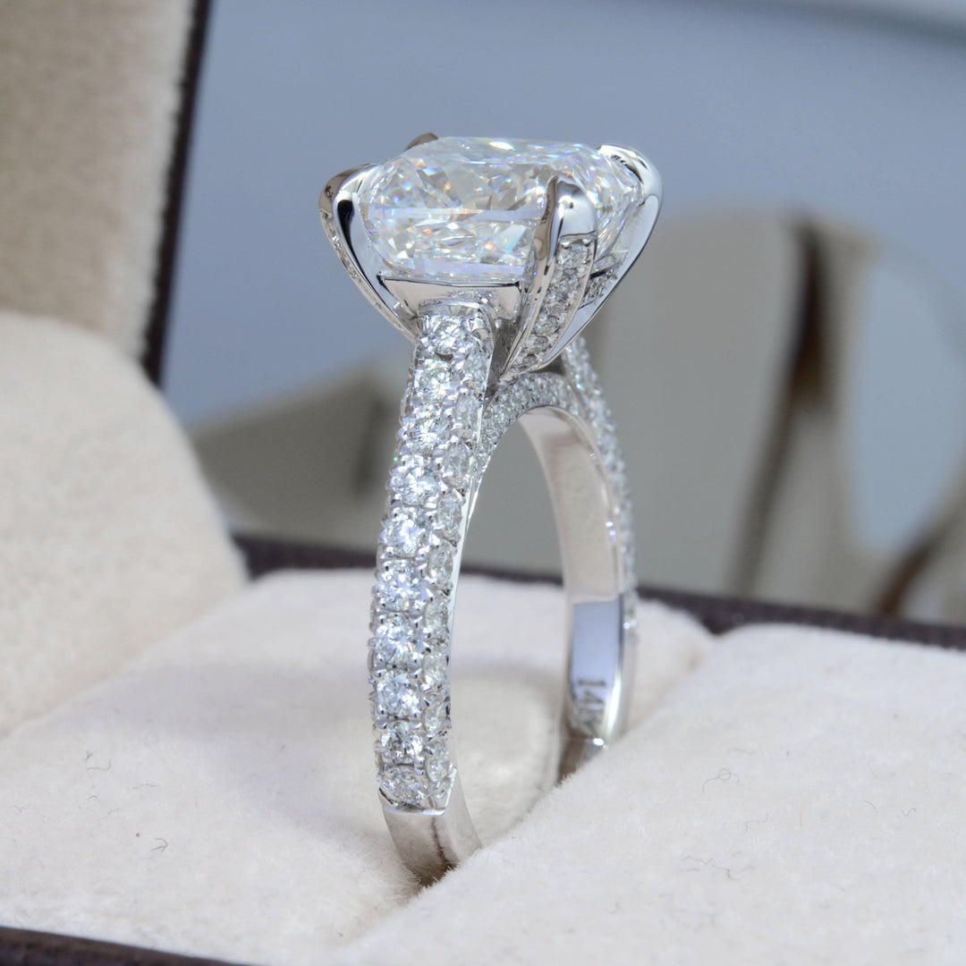 4.05 Ctw Cushion Cut Engagement Ring 3 Row Pave G Color VS2 GIA Certified