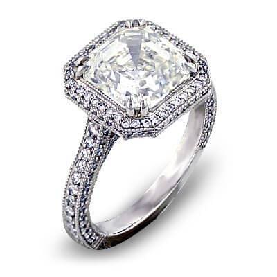 Micro Pave Halo Asscher Cut Diamond Ring I Color VS1 GIA Certified