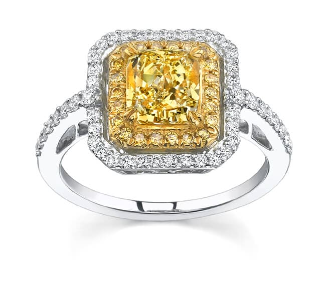 Canary yellow radiant cut halo ring in white and yellow gold