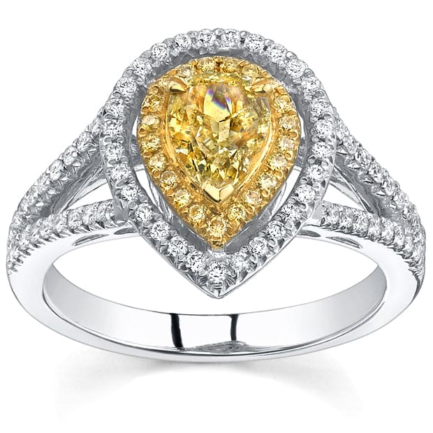 2.20 Ct. Canary Fancy Yellow Pear Cut Dual Halo Diamond Ring VS2 GIA Certified