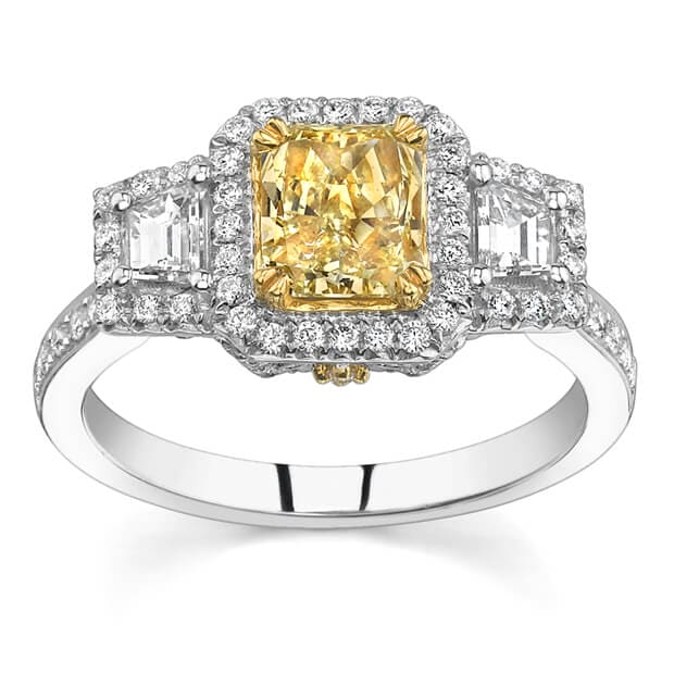 Fancy yellow radiant cut 3 stone halo ring