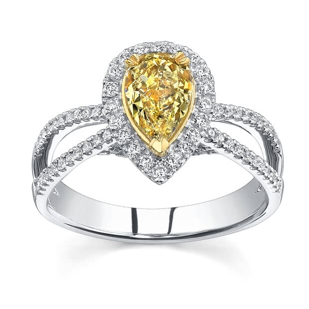 Fancy yellow pear shaped halo split shank engagement ring