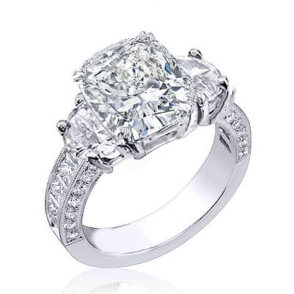 Cushion cut with half moons 3 stone diamond ring