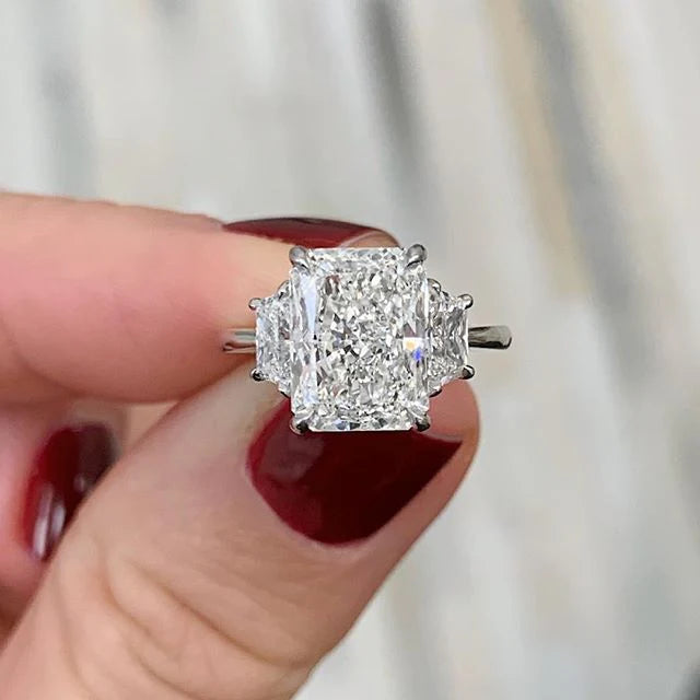 Radiant cut 3 stone diamond engagement ring