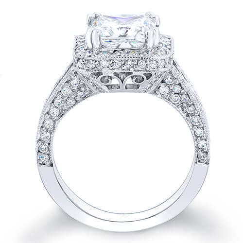 Halo princess cut split shank engagement ring profile view