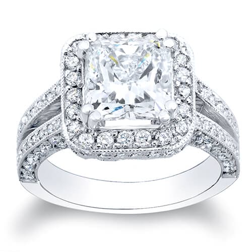 Halo Princess Cut Split Shank Engagement Ring Front View