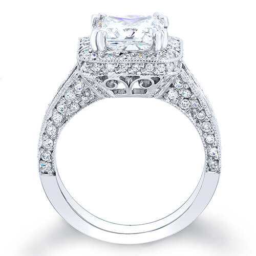 Halo Princess Cut Split Shank Pave Diamond Ring Side Profile