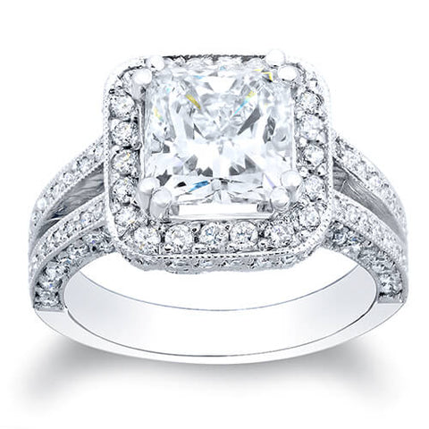 Halo Princess Cut Split Shank Pave Diamond Ring Front View