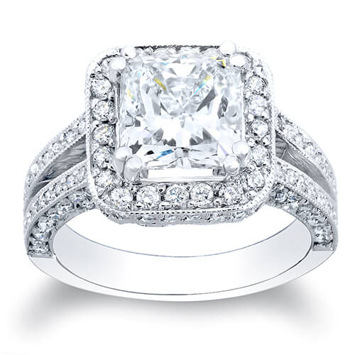 Halo Princess Cut Split Shank Pave Diamond Ring Front View