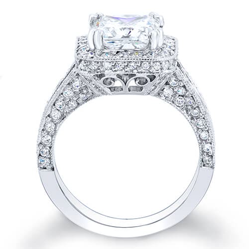 Cushion Cut Pave Halo Engagement Ring Profile View