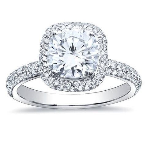 Cushion Cut Halo Engagement Ring 3 Row Pave