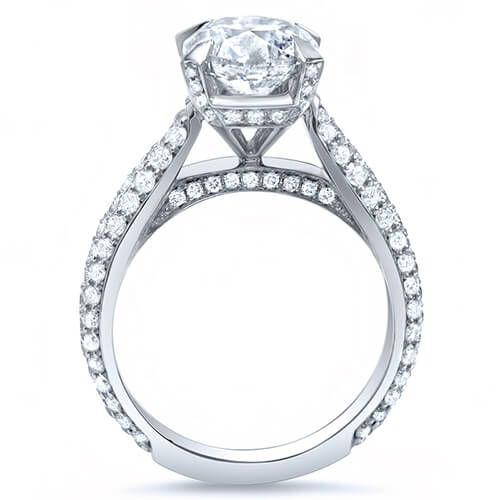 Round Diamond Engagement Ring 3 Row Pave Profile View