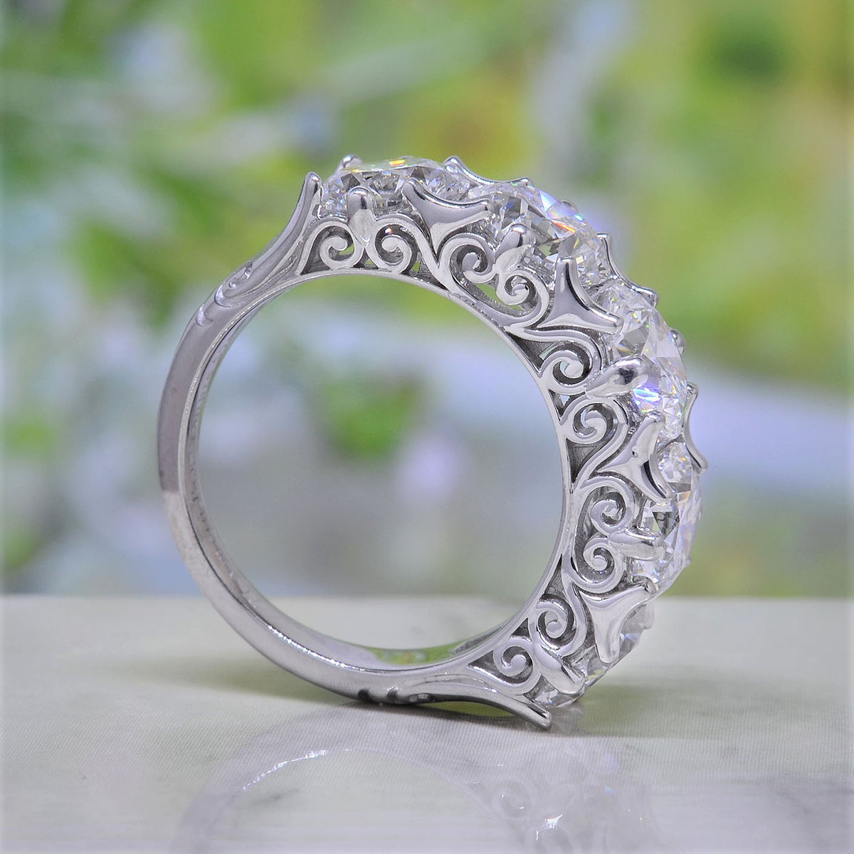 Custom design 5 stone diamond ring all gia certified side view vintage