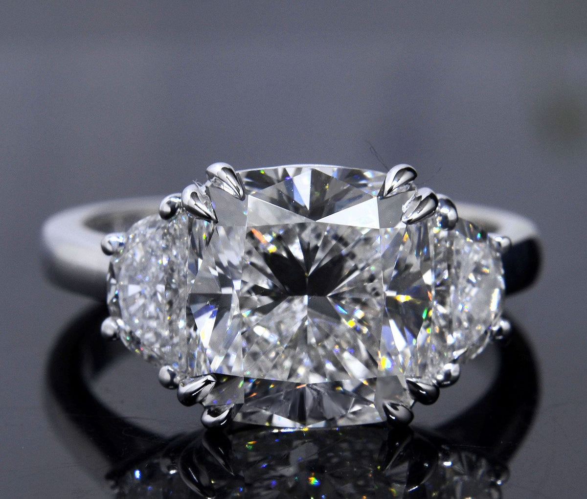 3 stone cushion cut & half moons diamond ring
