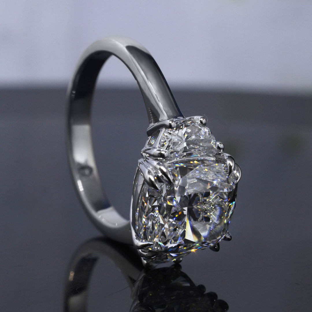 3-stone Cushion Cut & Half Moons Diamond Ring Side View