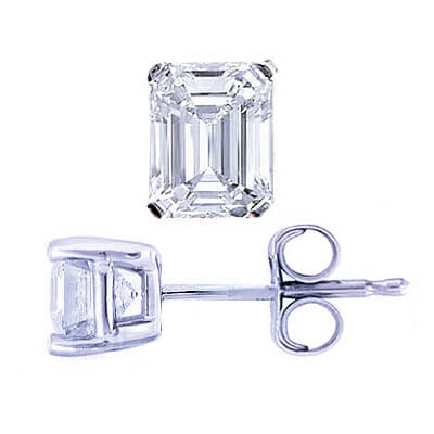 3.00 Ct. Emerald Cut Diamond Stud Earrings push back platinum or white gold