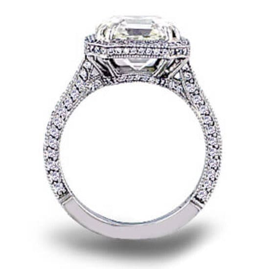 Asscher cut halo pave engagement ring side profile